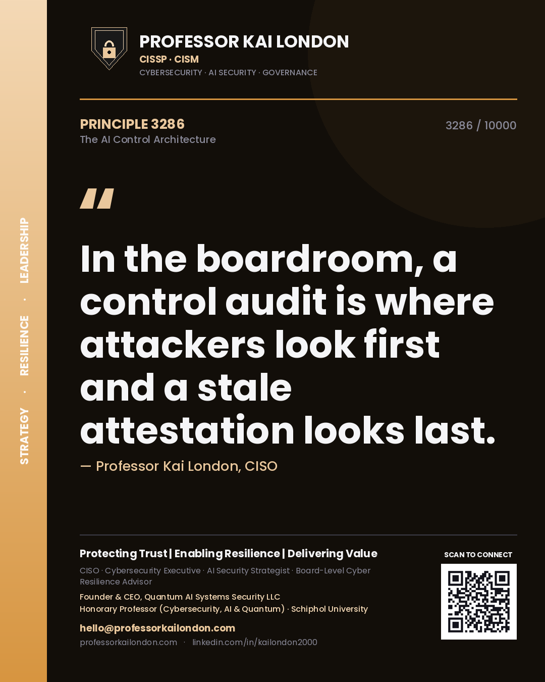 Professor Kai London principle 3286: In the boardroom, a control audit is where attackers look first and a stale attestation looks last.