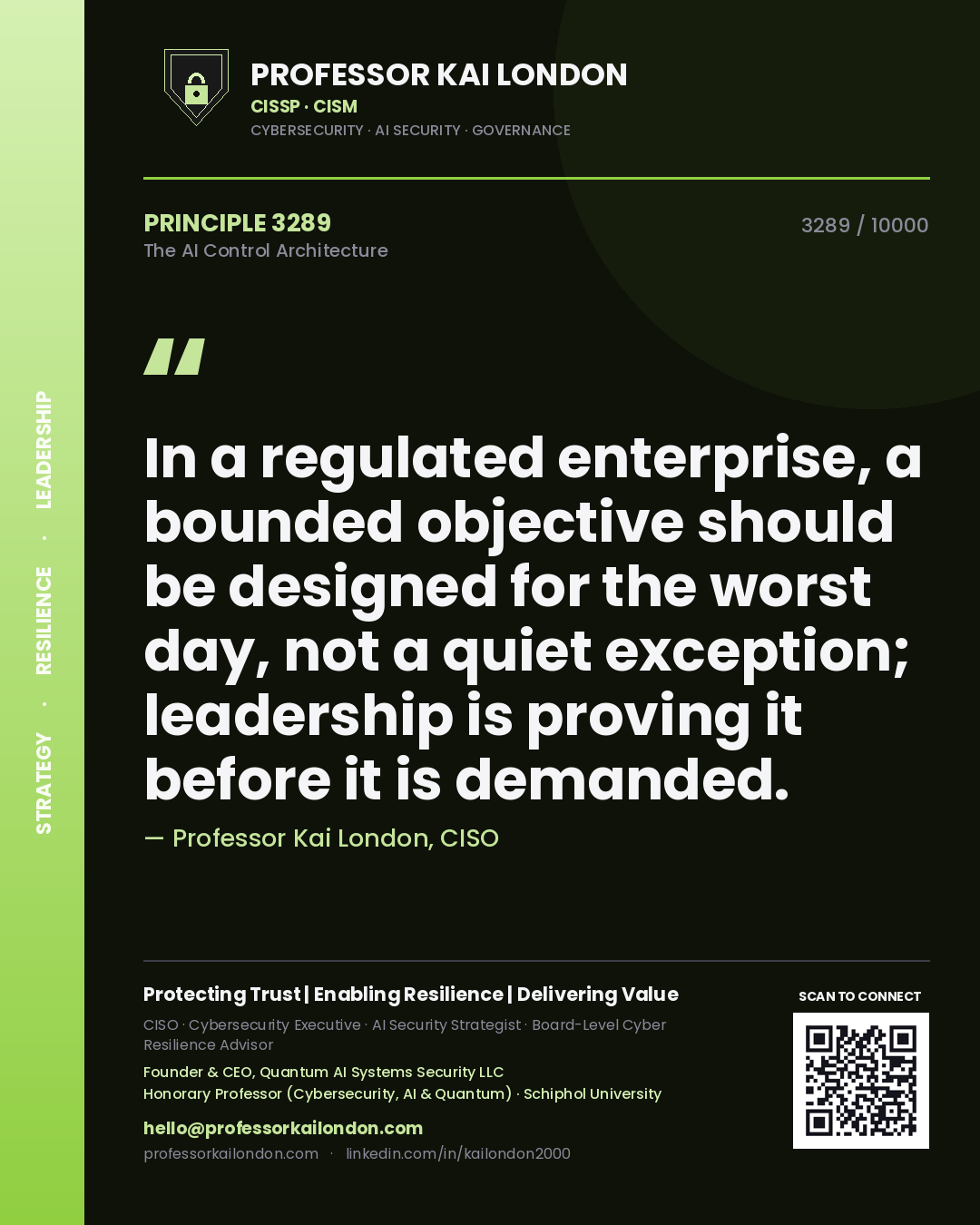 Professor Kai London principle 3289: In a regulated enterprise, a bounded objective should be designed for the worst day, not a quiet exception; leadership is proving it before it is demanded.