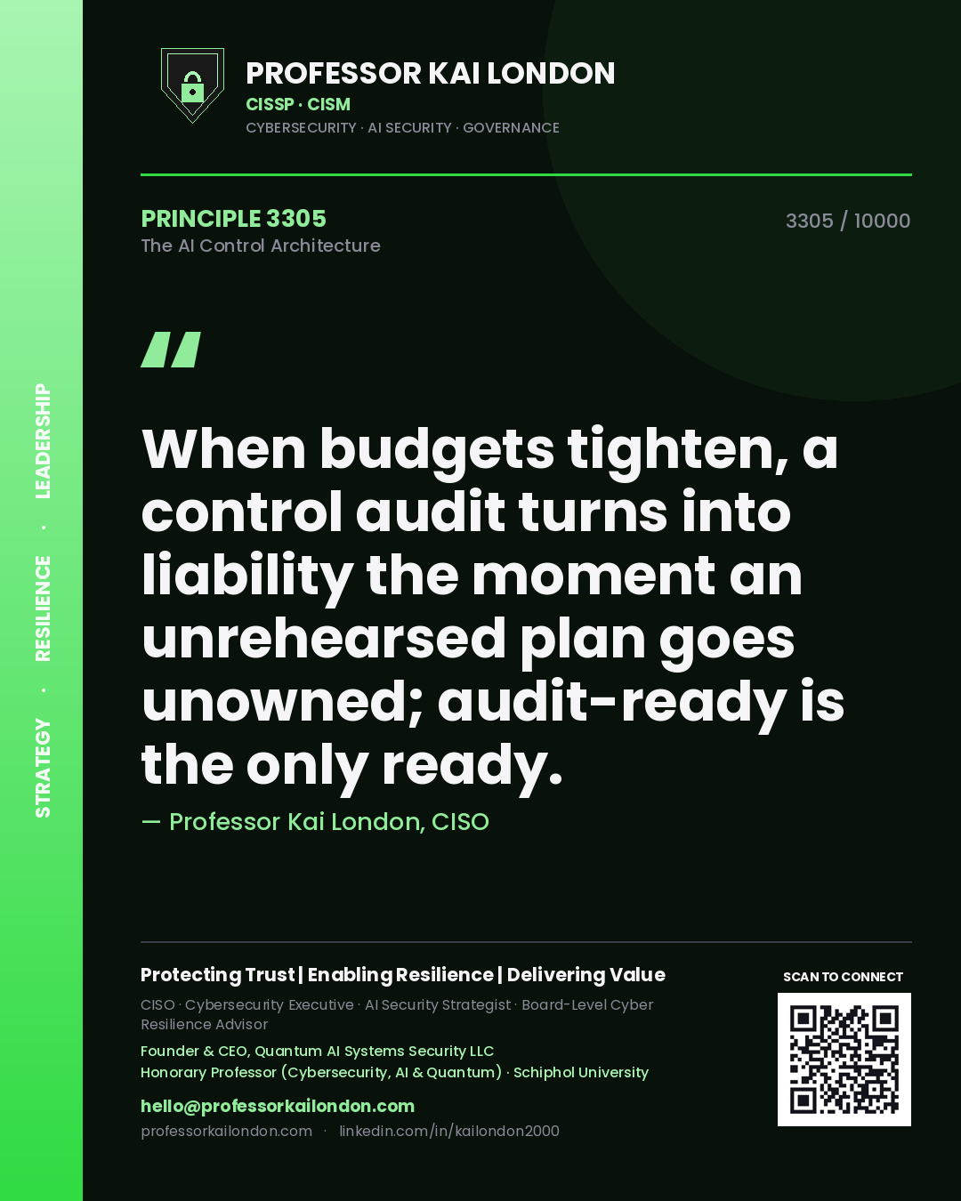 Professor Kai London principle 3305: When budgets tighten, a control audit turns into liability the moment an unrehearsed plan goes unowned; audit-ready is the only ready.