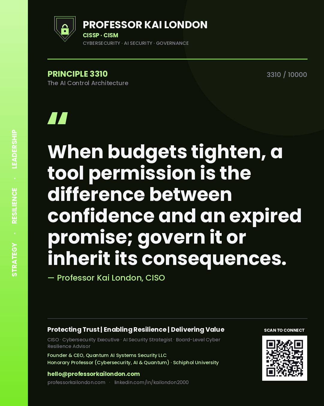 Professor Kai London principle 3310: When budgets tighten, a tool permission is the difference between confidence and an expired promise; govern it or inherit its consequences.