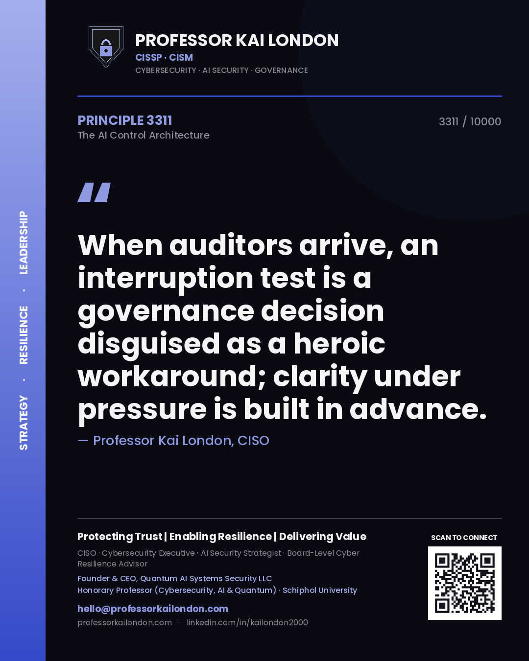 Professor Kai London principle 3311: When auditors arrive, an interruption test is a governance decision disguised as a heroic workaround; clarity under pressure is built in advance.