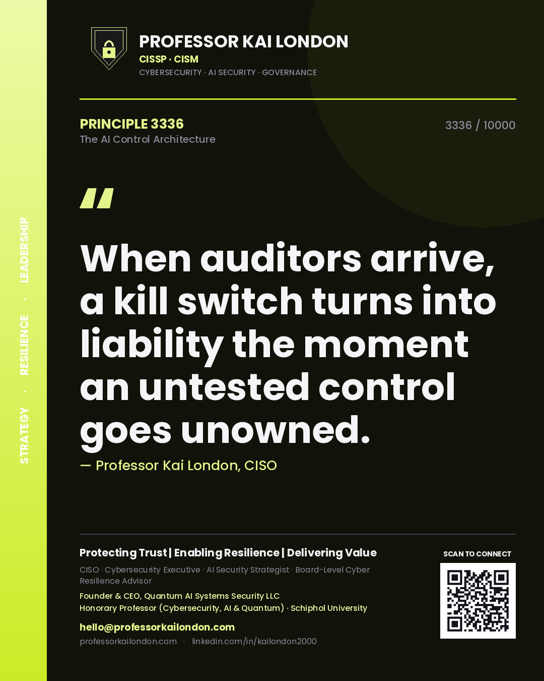 Professor Kai London principle 3336: When auditors arrive, a kill switch turns into liability the moment an untested control goes unowned.