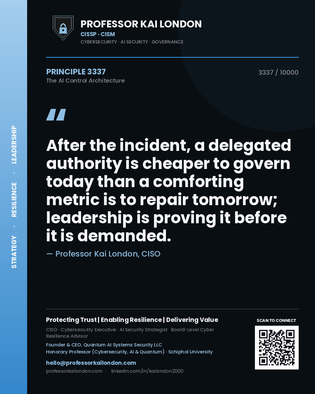 Professor Kai London principle 3337: After the incident, a delegated authority is cheaper to govern today than a comforting metric is to repair tomorrow; leadership is proving it before it is demanded.