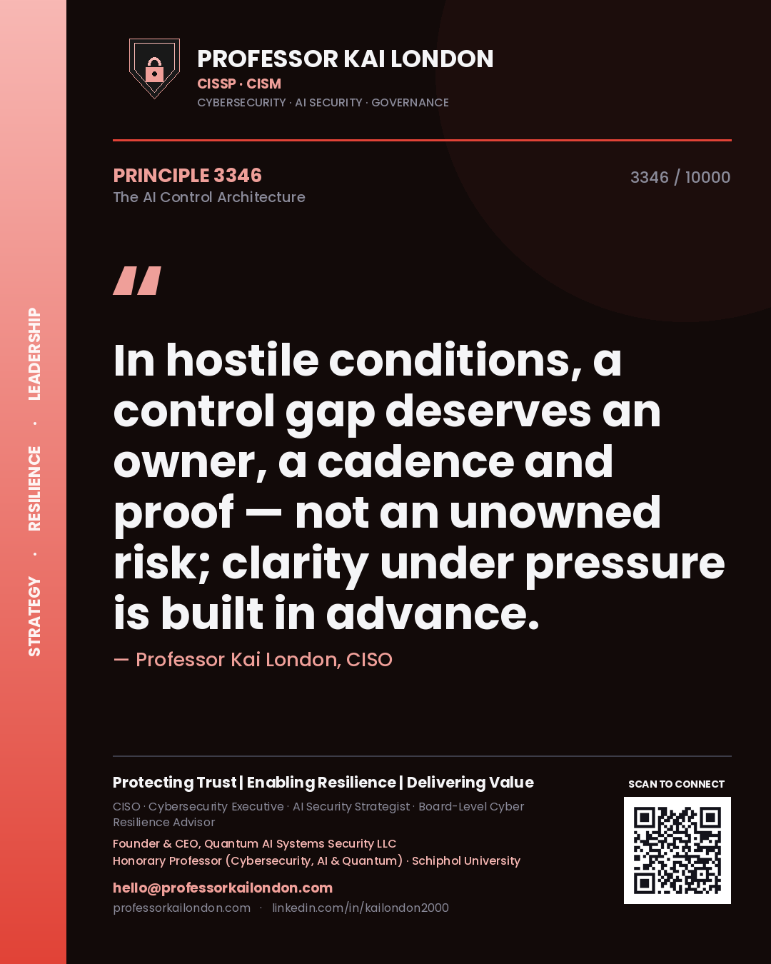 Professor Kai London principle 3346: In hostile conditions, a control gap deserves an owner, a cadence and proof — not an unowned risk; clarity under pressure is built in advance.