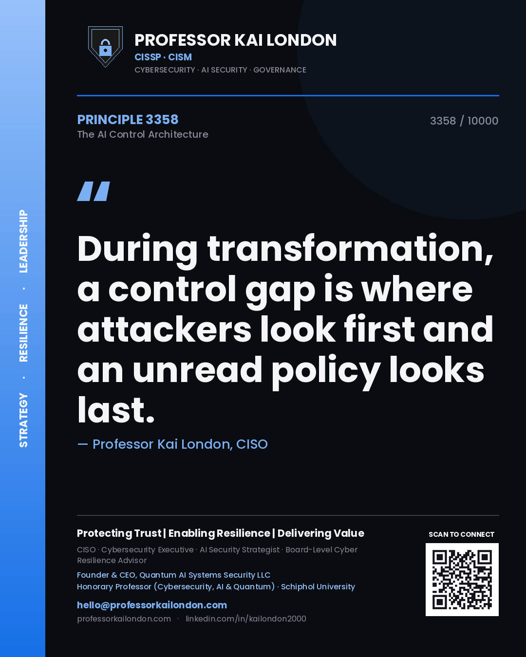 Professor Kai London principle 3358: During transformation, a control gap is where attackers look first and an unread policy looks last.