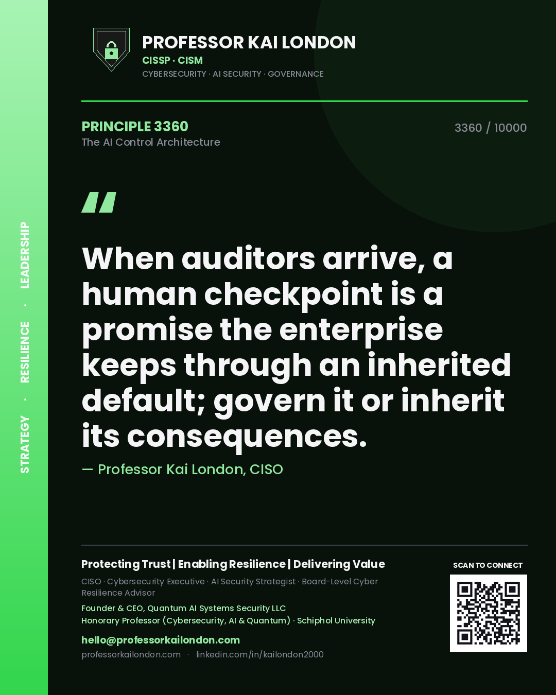 Professor Kai London principle 3360: When auditors arrive, a human checkpoint is a promise the enterprise keeps through an inherited default; govern it or inherit its consequences.
