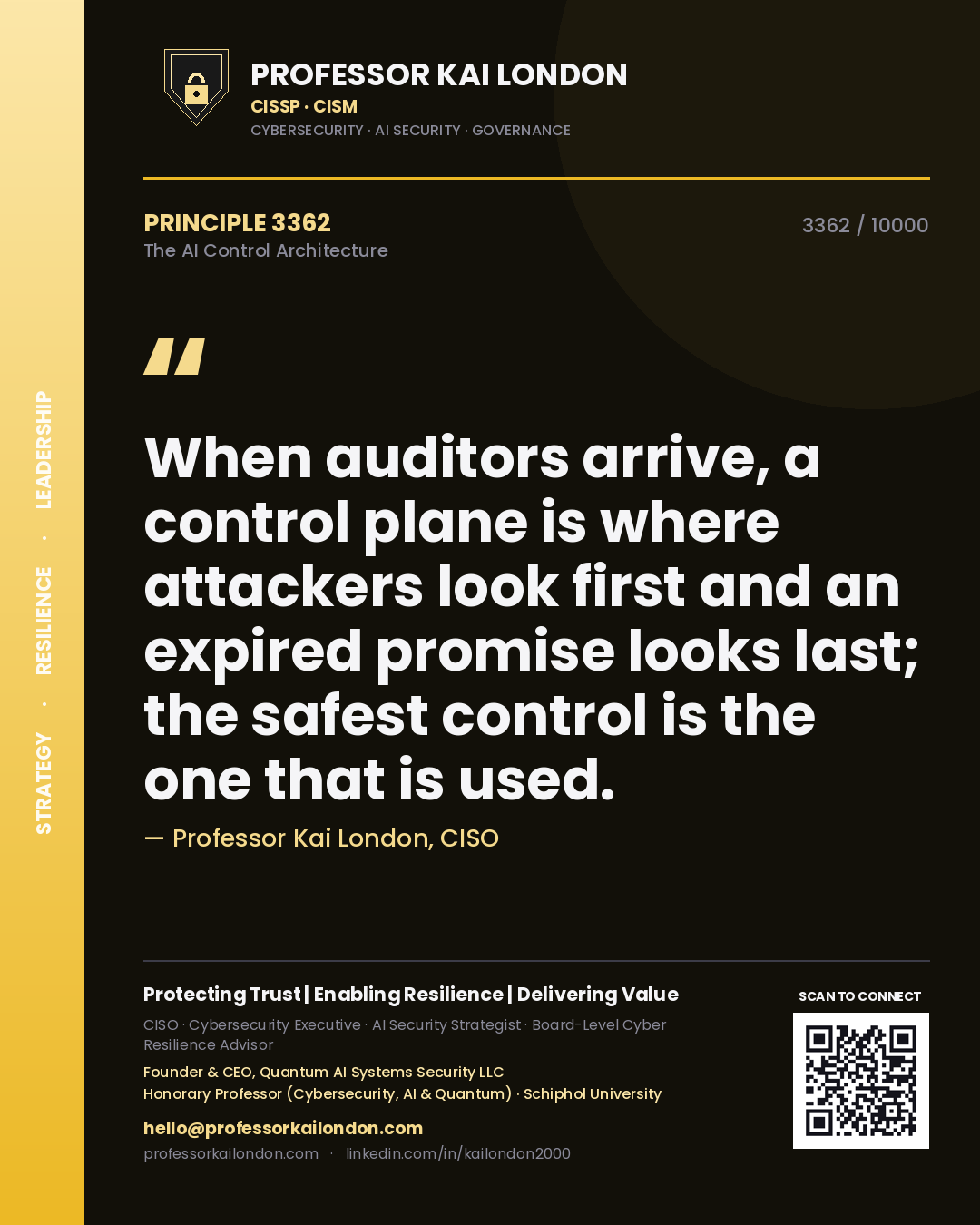 Professor Kai London principle 3362: When auditors arrive, a control plane is where attackers look first and an expired promise looks last; the safest control is the one that is used.