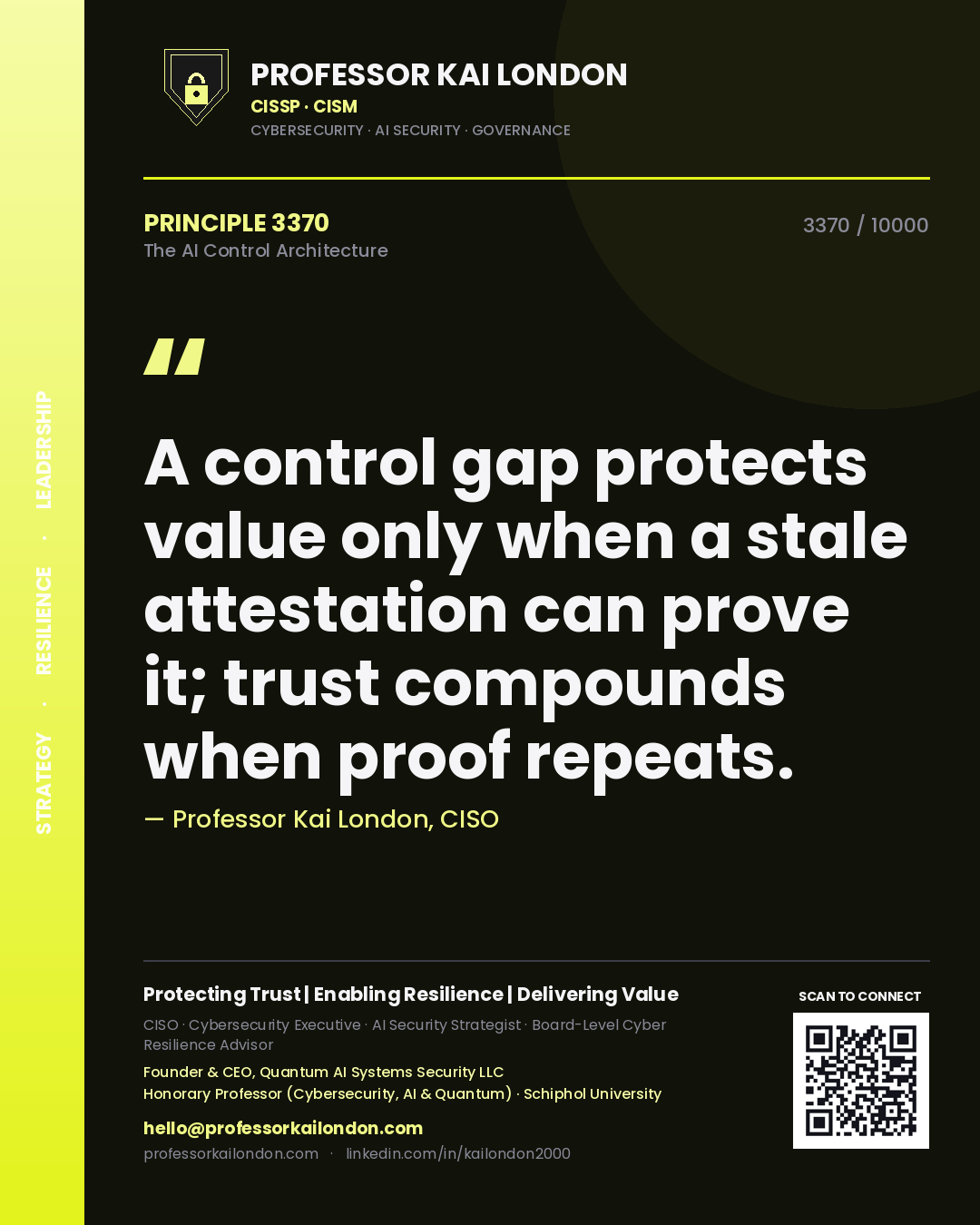 Professor Kai London principle 3370: A control gap protects value only when a stale attestation can prove it; trust compounds when proof repeats.