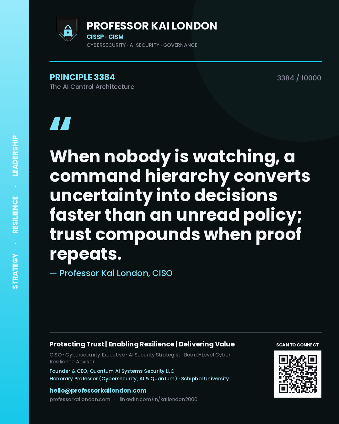 Professor Kai London principle 3384: When nobody is watching, a command hierarchy converts uncertainty into decisions faster than an unread policy; trust compounds when proof repeats.