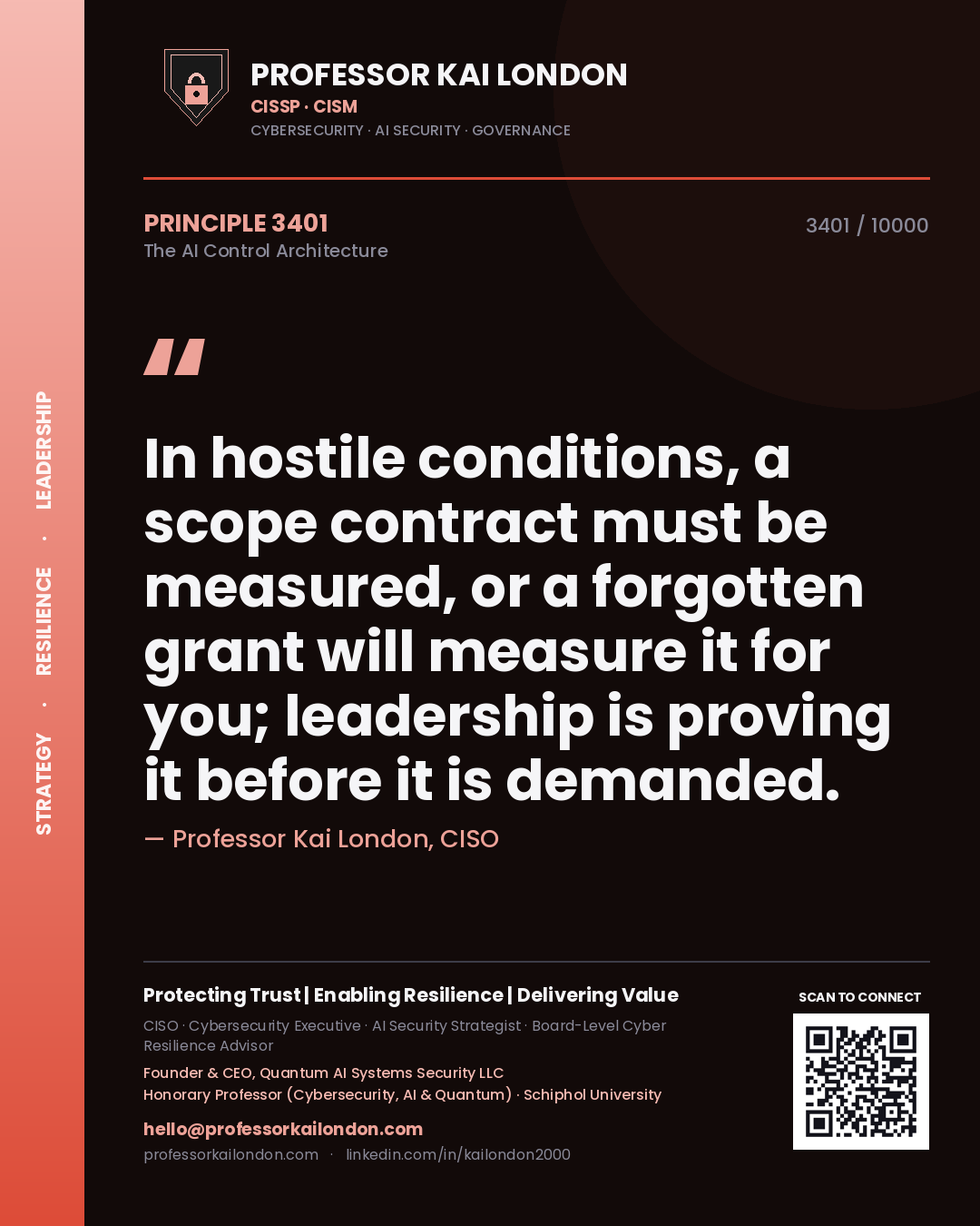 Professor Kai London principle 3401: In hostile conditions, a scope contract must be measured, or a forgotten grant will measure it for you; leadership is proving it before it is demanded.