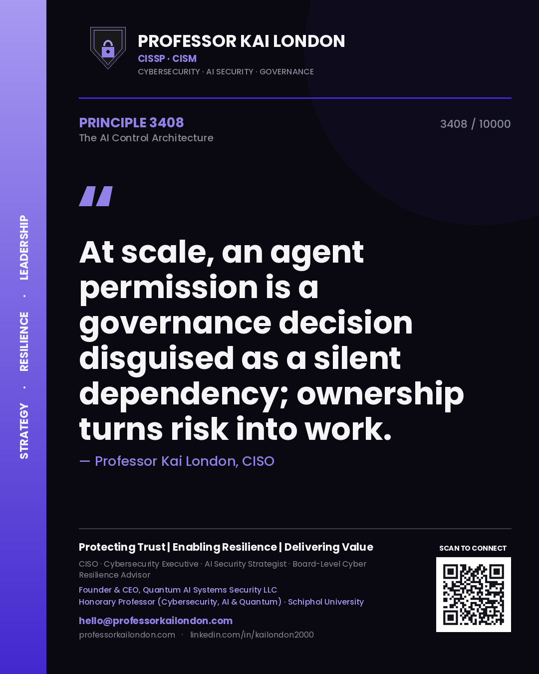 Professor Kai London principle 3408: At scale, an agent permission is a governance decision disguised as a silent dependency; ownership turns risk into work.