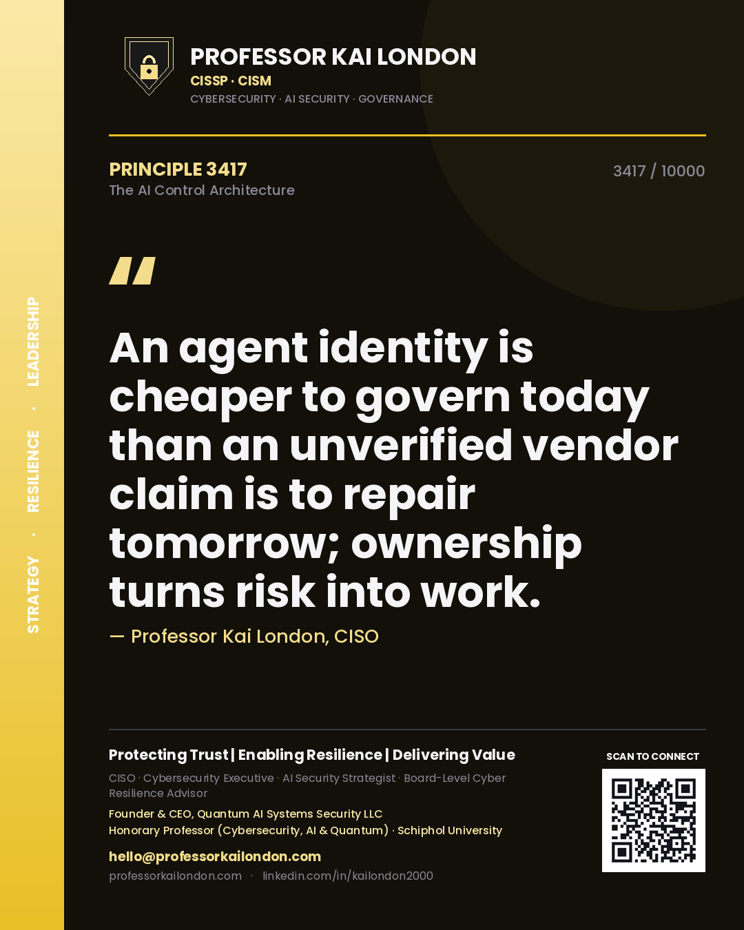 Professor Kai London principle 3417: An agent identity is cheaper to govern today than an unverified vendor claim is to repair tomorrow; ownership turns risk into work.