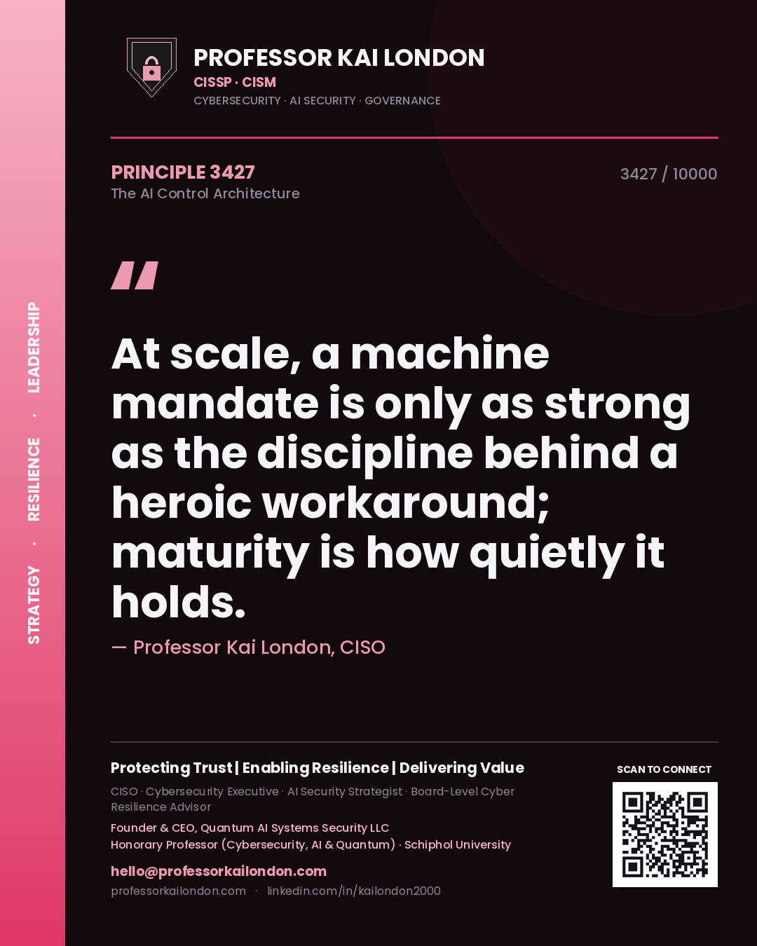 Professor Kai London principle 3427: At scale, a machine mandate is only as strong as the discipline behind a heroic workaround; maturity is how quietly it holds.