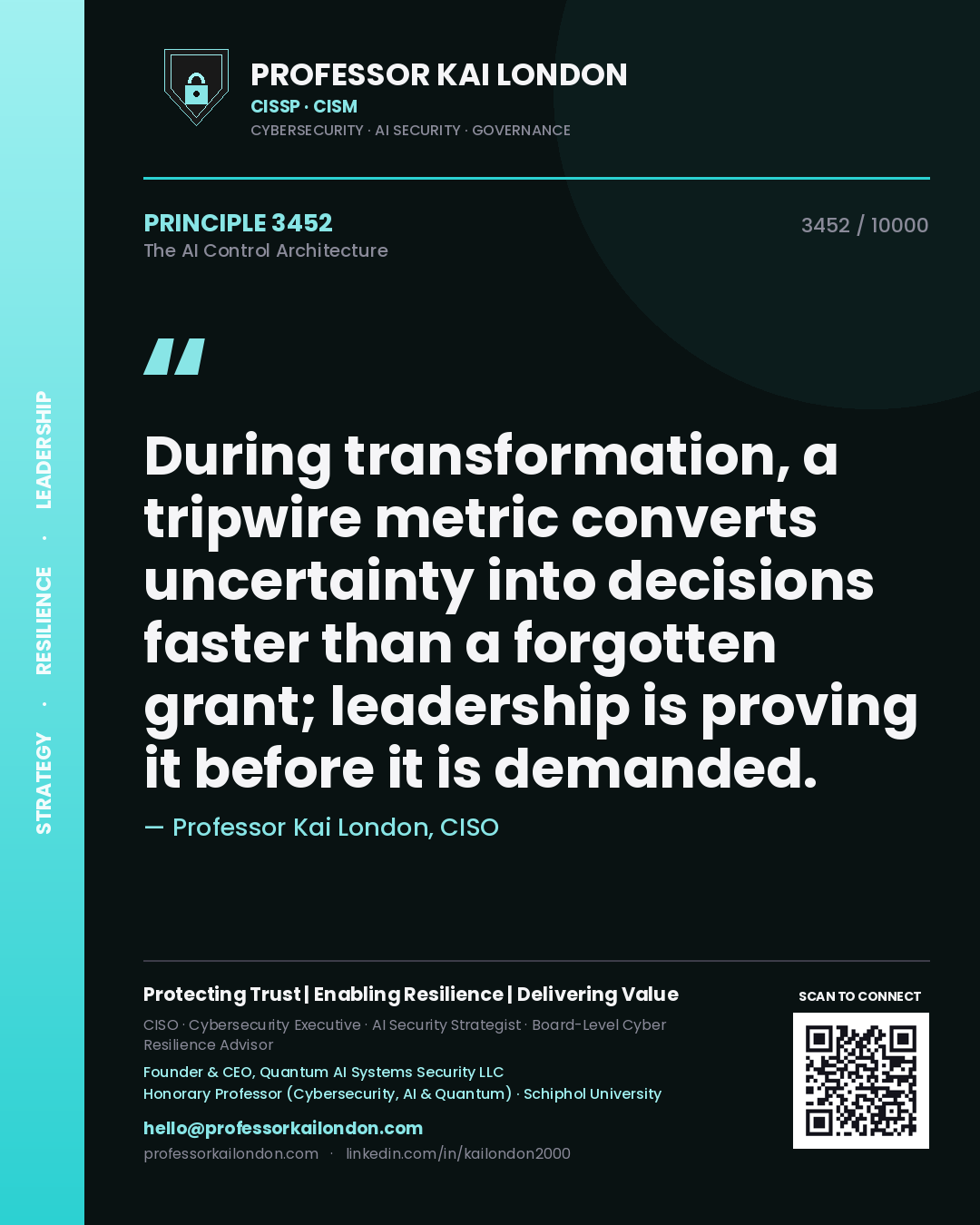 Professor Kai London principle 3452: During transformation, a tripwire metric converts uncertainty into decisions faster than a forgotten grant; leadership is proving it before it is demanded.