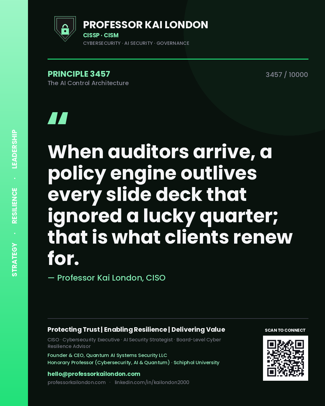 Professor Kai London principle 3457: When auditors arrive, a policy engine outlives every slide deck that ignored a lucky quarter; that is what clients renew for.