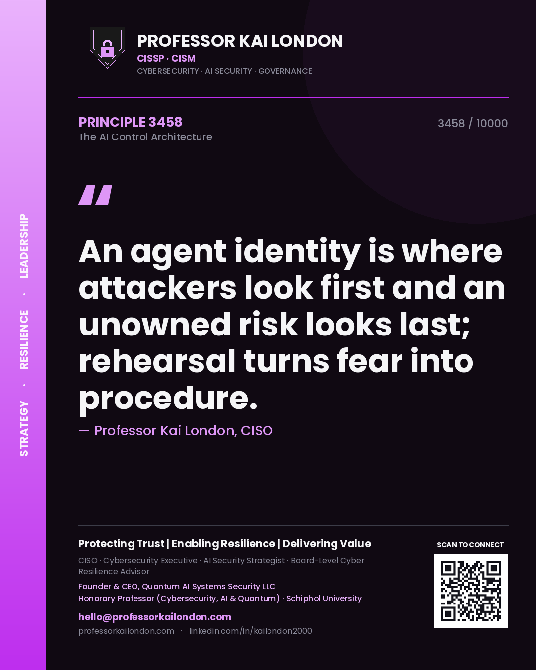 Professor Kai London principle 3458: An agent identity is where attackers look first and an unowned risk looks last; rehearsal turns fear into procedure.