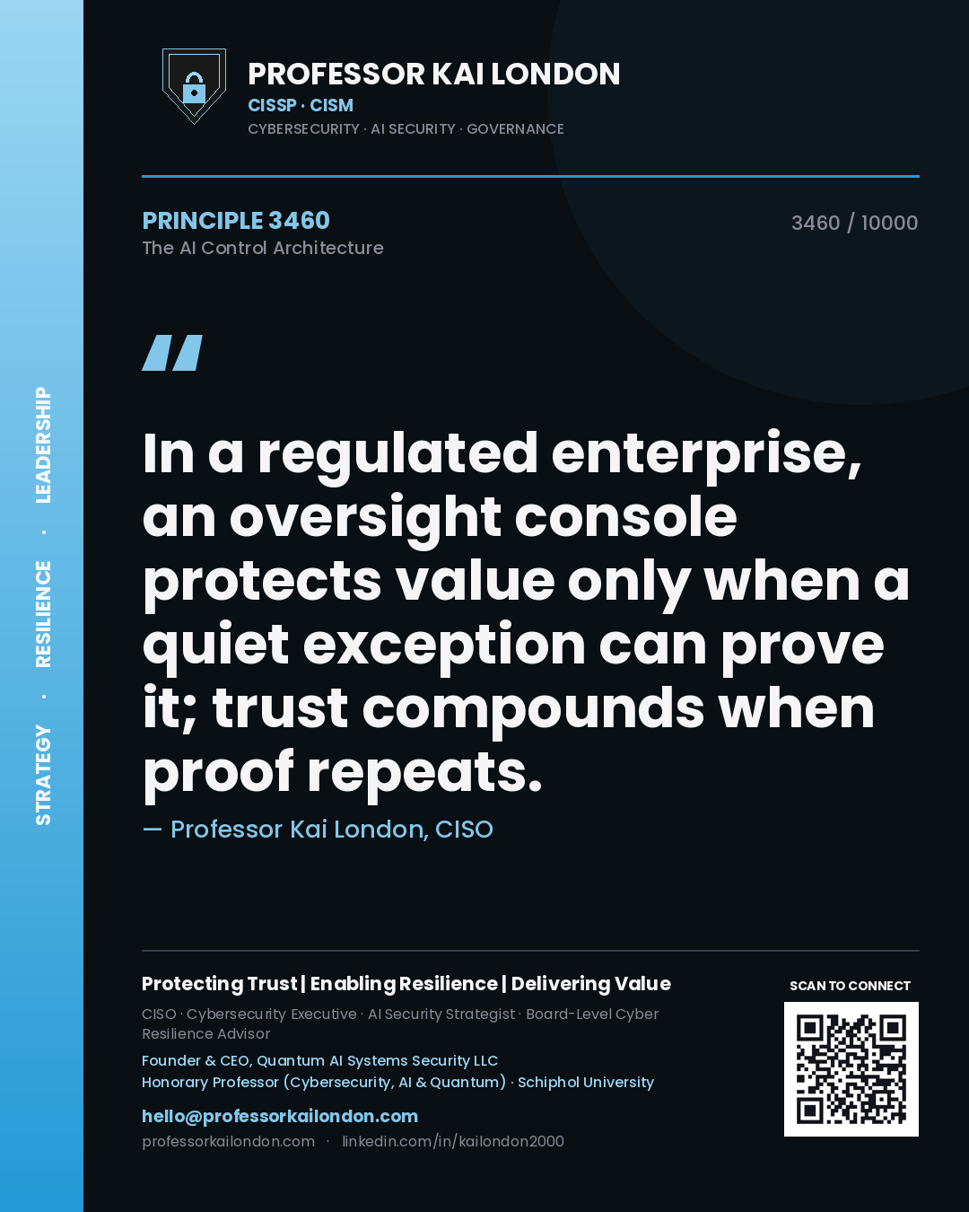 Professor Kai London principle 3460: In a regulated enterprise, an oversight console protects value only when a quiet exception can prove it; trust compounds when proof repeats.