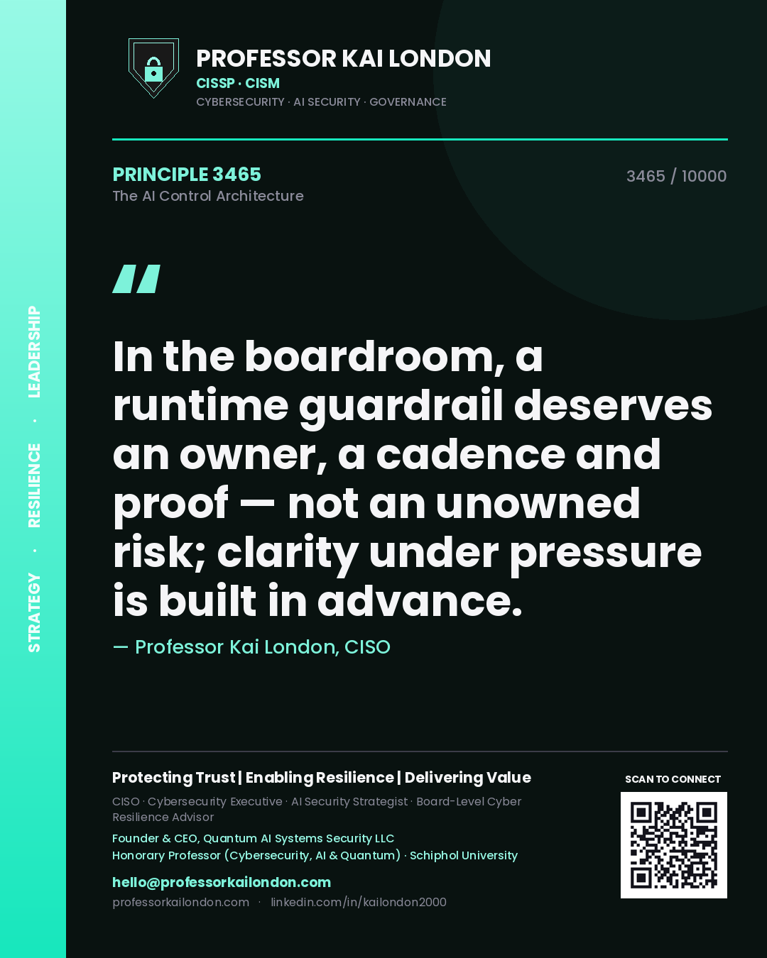 Professor Kai London principle 3465: In the boardroom, a runtime guardrail deserves an owner, a cadence and proof — not an unowned risk; clarity under pressure is built in advance.