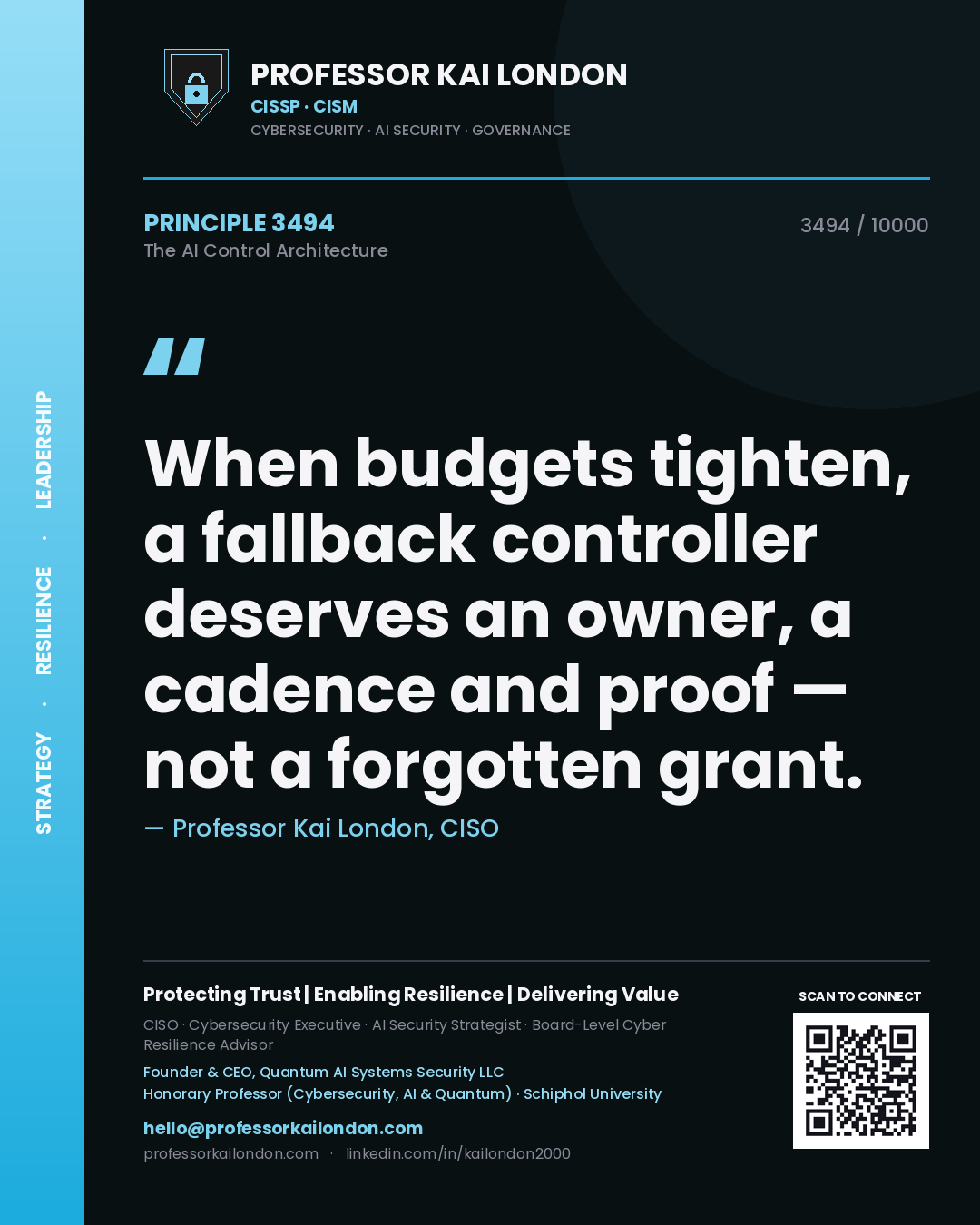 Professor Kai London principle 3494: When budgets tighten, a fallback controller deserves an owner, a cadence and proof — not a forgotten grant.
