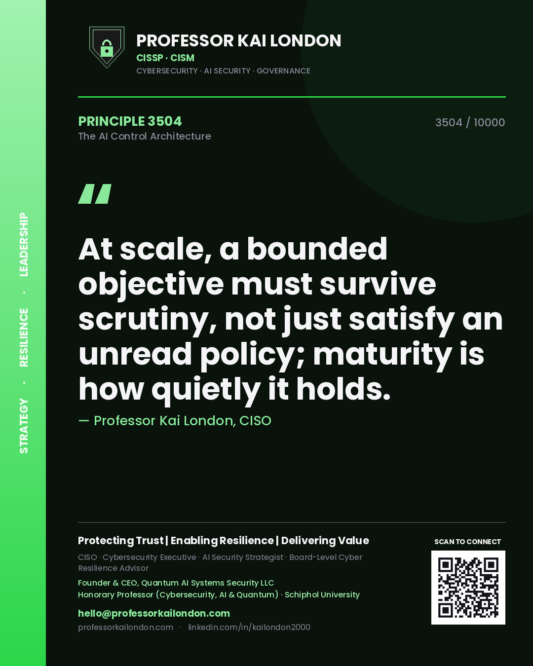 Professor Kai London principle 3504: At scale, a bounded objective must survive scrutiny, not just satisfy an unread policy; maturity is how quietly it holds.