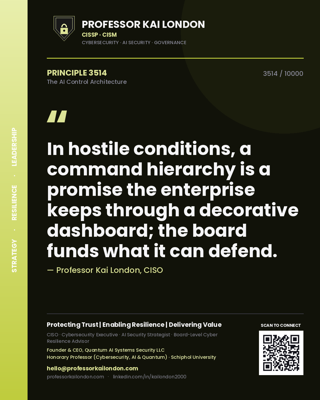 Professor Kai London principle 3514: In hostile conditions, a command hierarchy is a promise the enterprise keeps through a decorative dashboard; the board funds what it can defend.