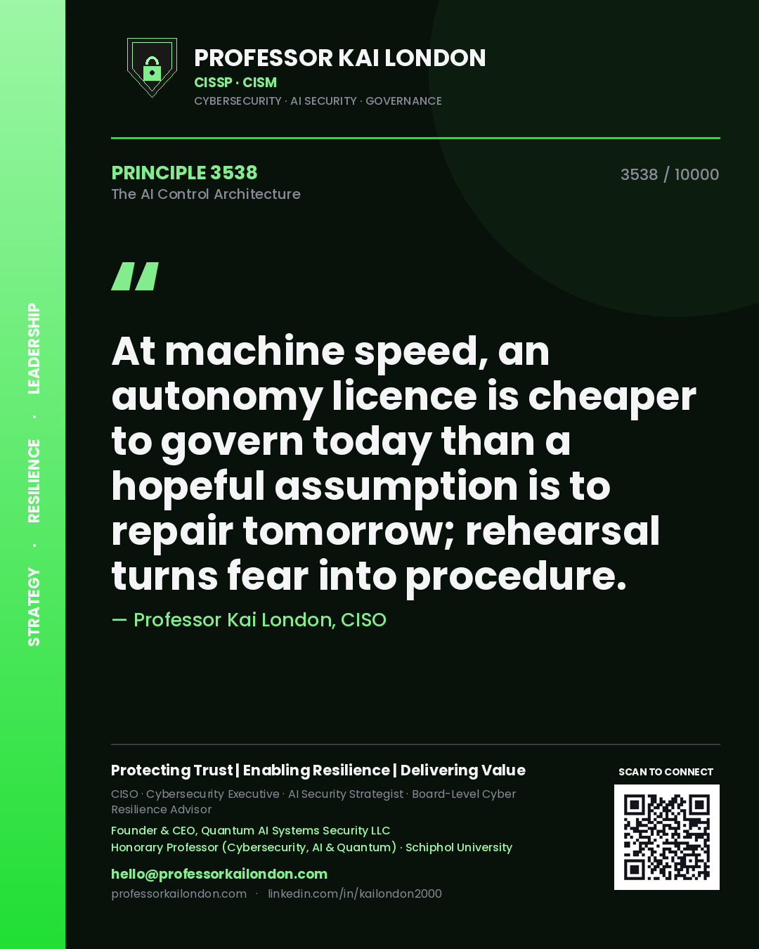 Professor Kai London principle 3538: At machine speed, an autonomy licence is cheaper to govern today than a hopeful assumption is to repair tomorrow; rehearsal turns fear into procedure.