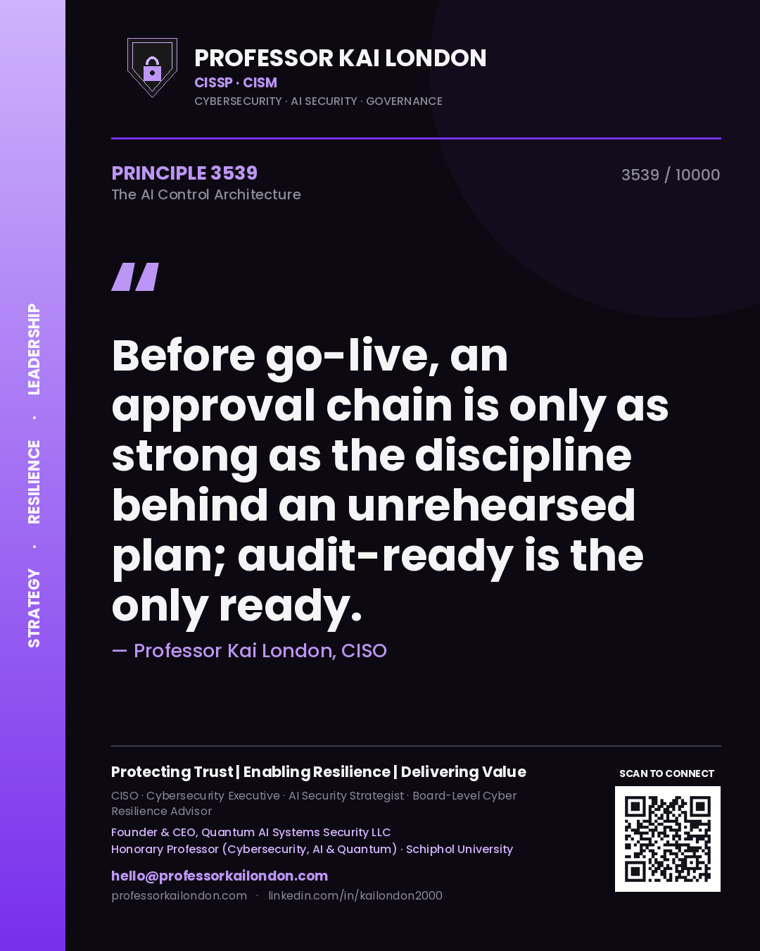 Professor Kai London principle 3539: Before go-live, an approval chain is only as strong as the discipline behind an unrehearsed plan; audit-ready is the only ready.
