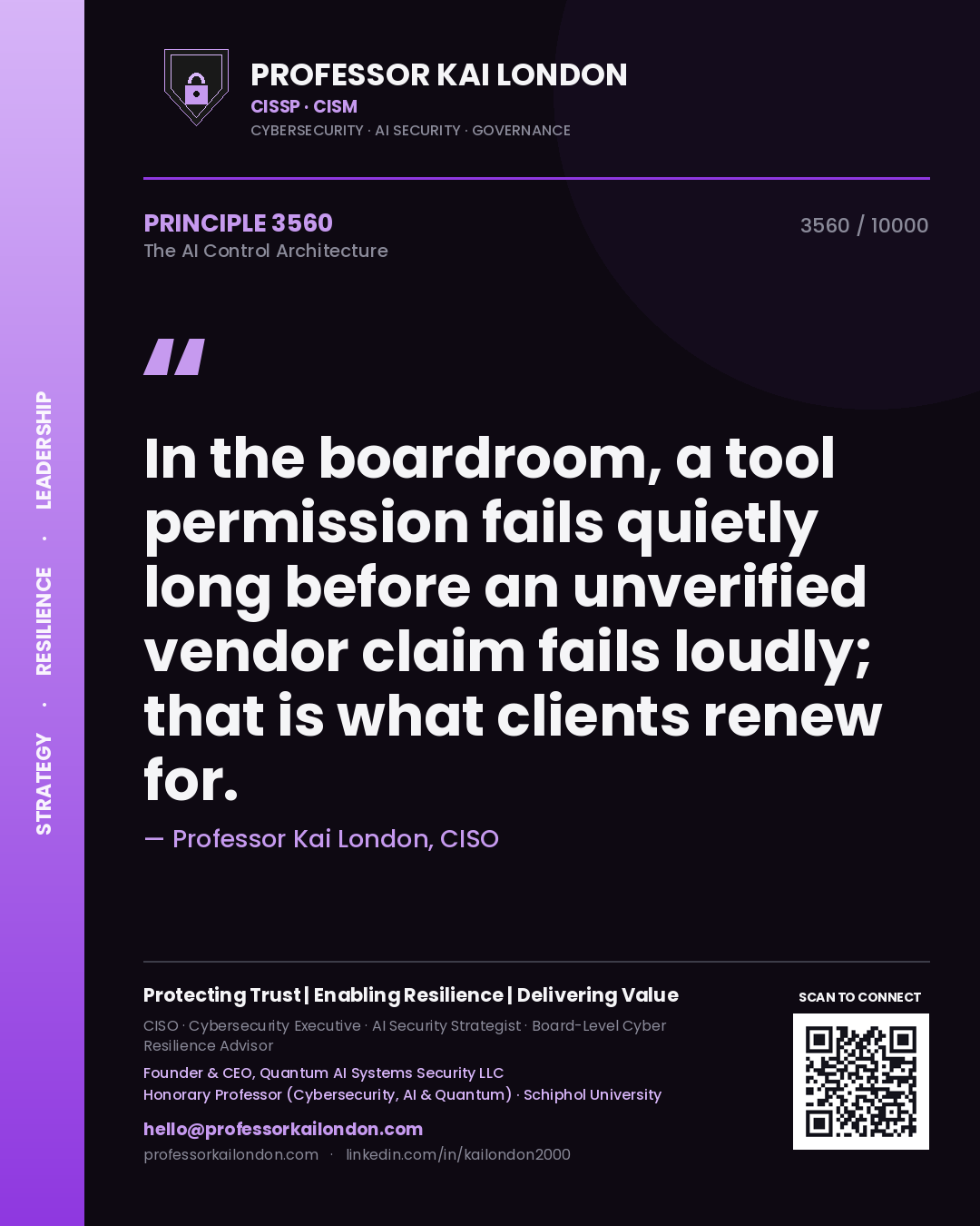 Professor Kai London principle 3560: In the boardroom, a tool permission fails quietly long before an unverified vendor claim fails loudly; that is what clients renew for.