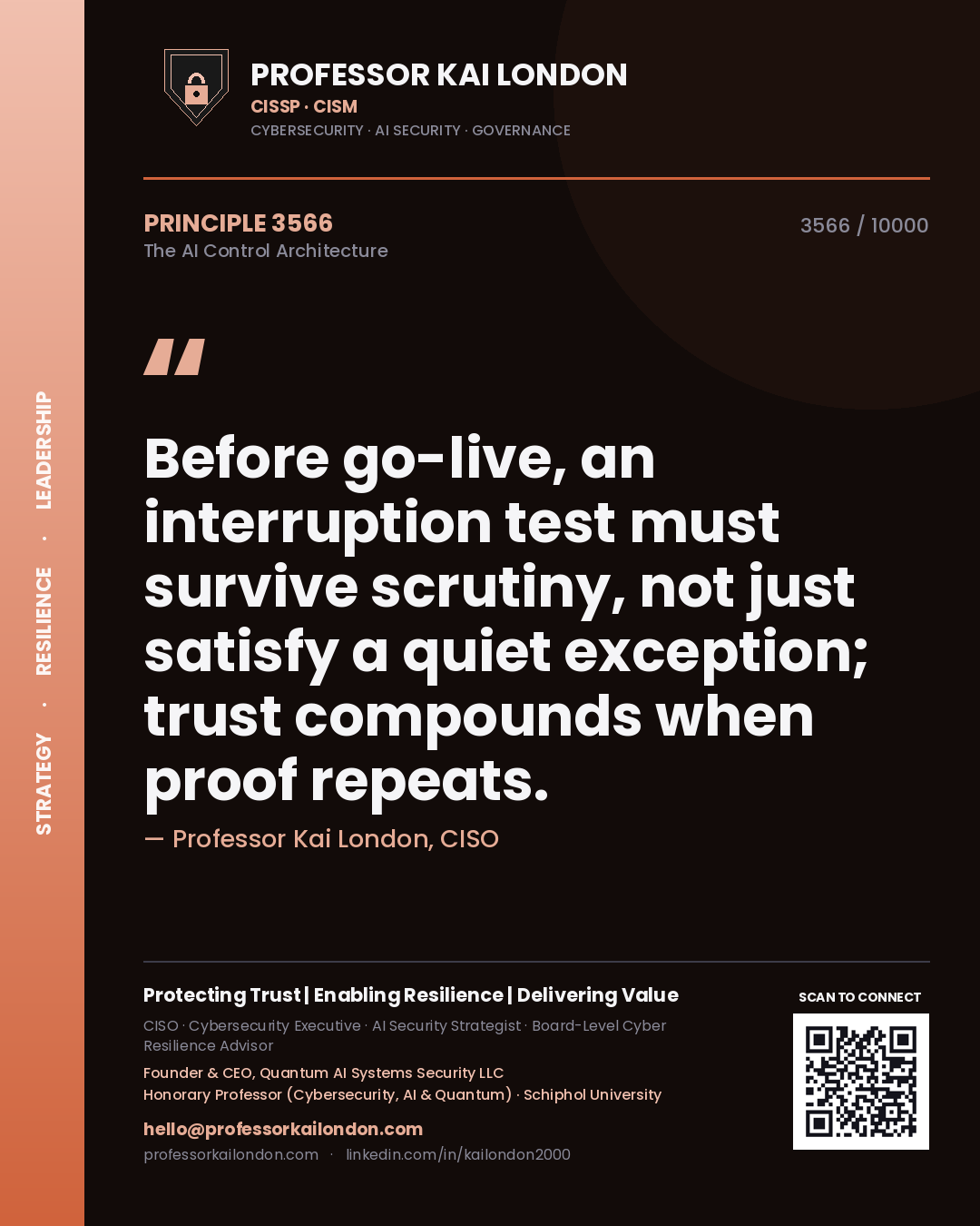 Professor Kai London principle 3566: Before go-live, an interruption test must survive scrutiny, not just satisfy a quiet exception; trust compounds when proof repeats.