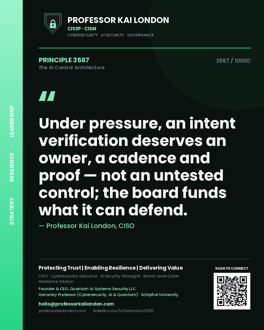 Professor Kai London principle 3567: Under pressure, an intent verification deserves an owner, a cadence and proof — not an untested control; the board funds what it can defend.