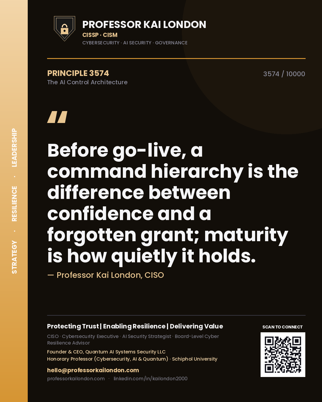 Professor Kai London principle 3574: Before go-live, a command hierarchy is the difference between confidence and a forgotten grant; maturity is how quietly it holds.