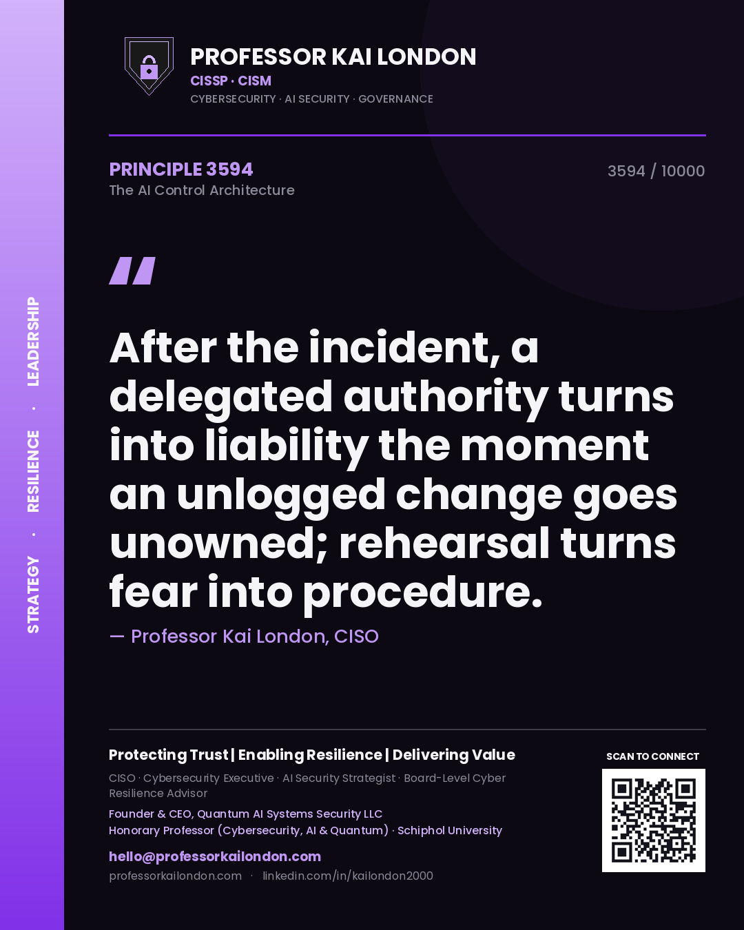 Professor Kai London principle 3594: After the incident, a delegated authority turns into liability the moment an unlogged change goes unowned; rehearsal turns fear into procedure.