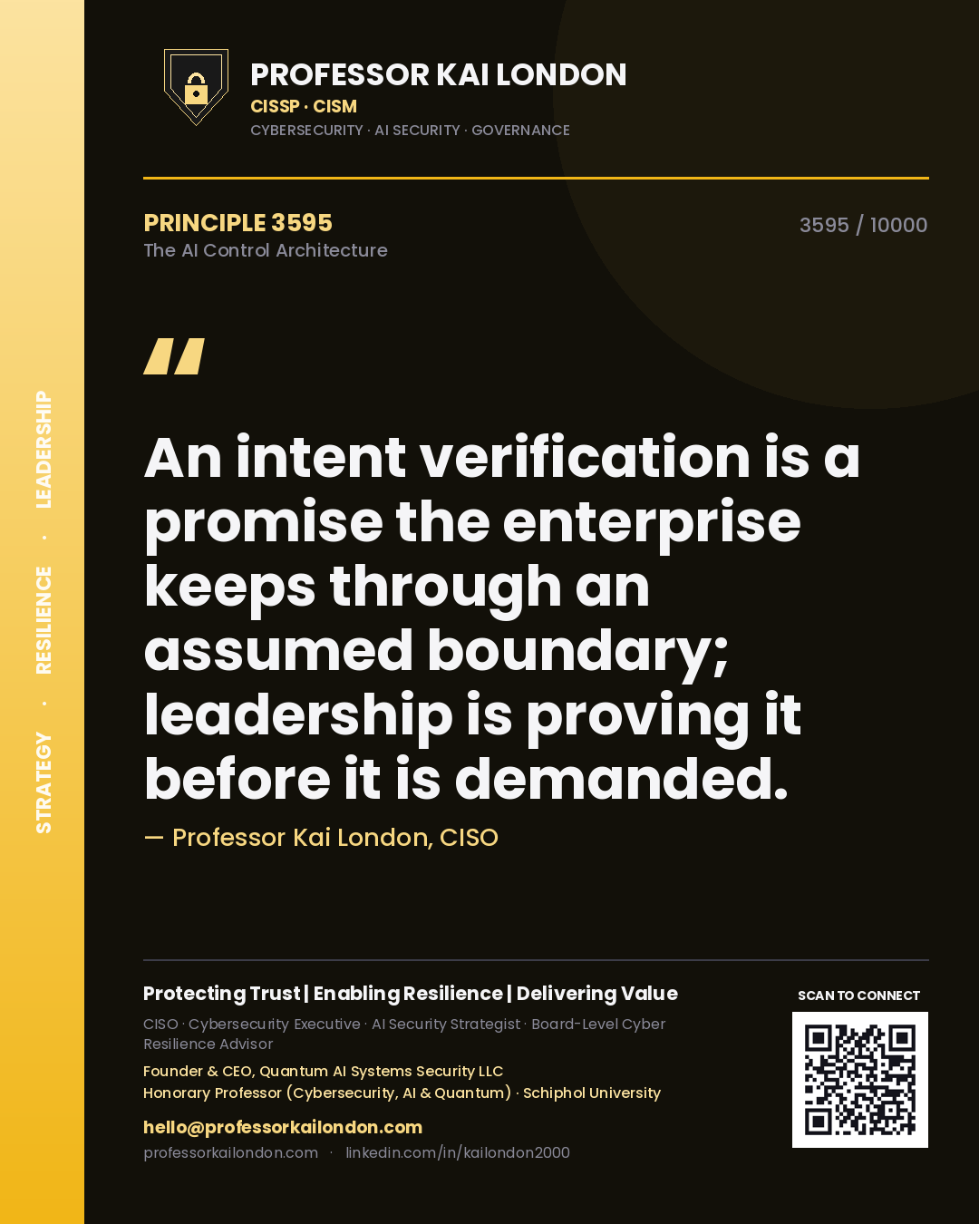 Professor Kai London principle 3595: An intent verification is a promise the enterprise keeps through an assumed boundary; leadership is proving it before it is demanded.