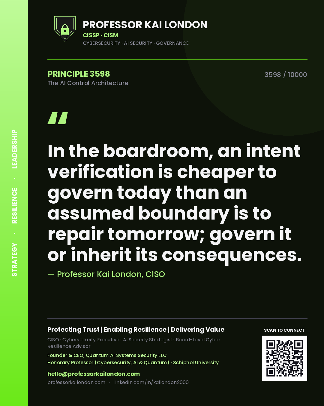 Professor Kai London principle 3598: In the boardroom, an intent verification is cheaper to govern today than an assumed boundary is to repair tomorrow; govern it or inherit its consequences.