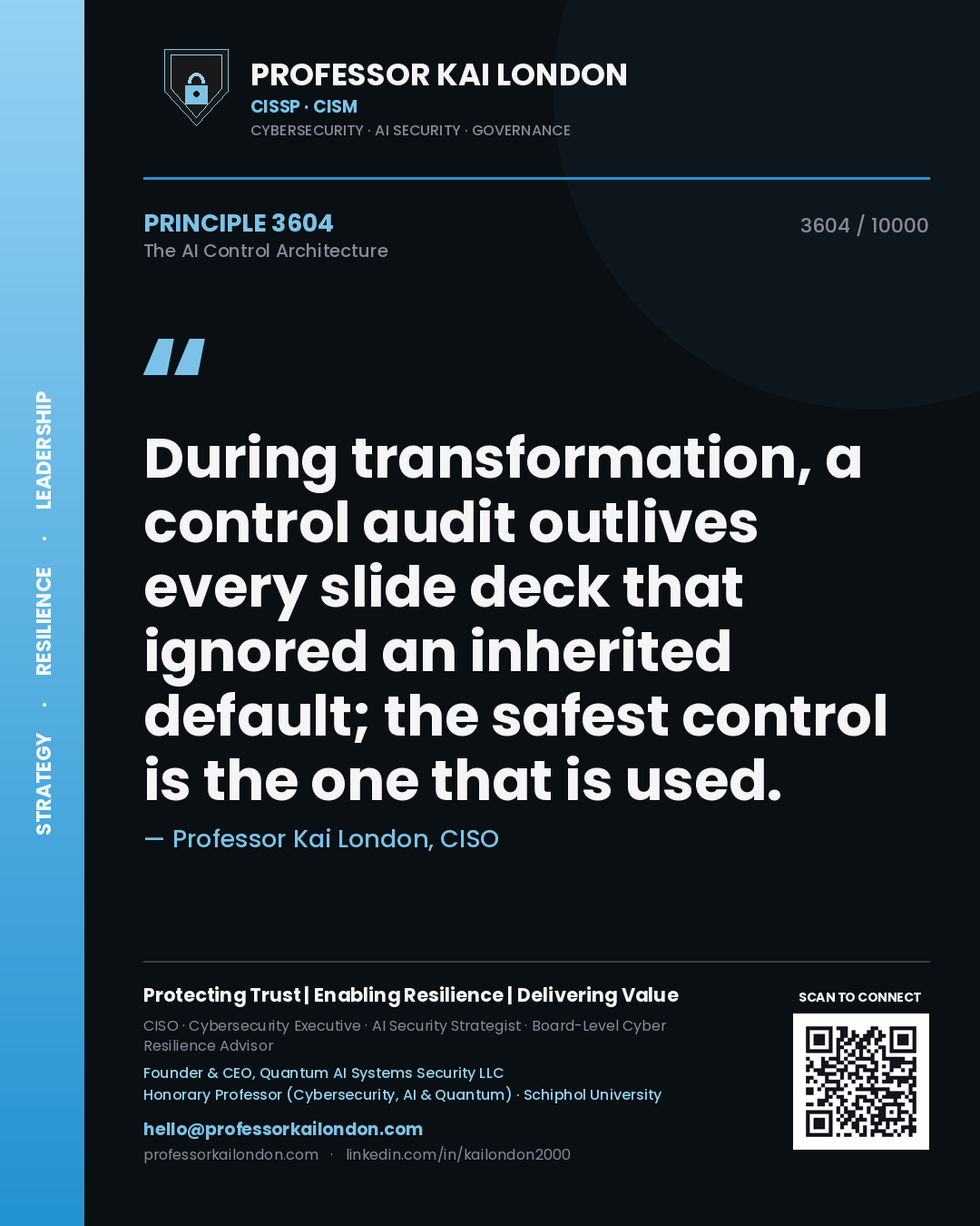 Professor Kai London principle 3604: During transformation, a control audit outlives every slide deck that ignored an inherited default; the safest control is the one that is used.