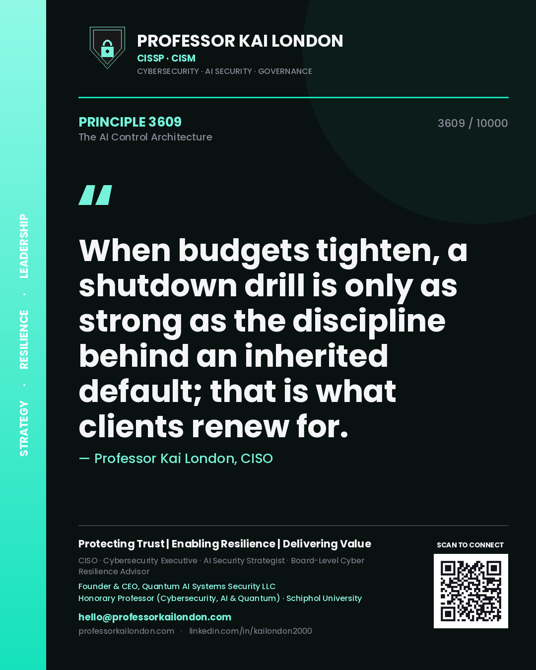 Professor Kai London principle 3609: When budgets tighten, a shutdown drill is only as strong as the discipline behind an inherited default; that is what clients renew for.