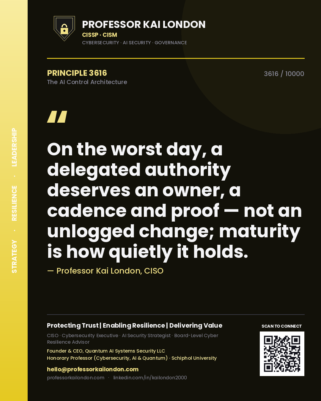 Professor Kai London principle 3616: On the worst day, a delegated authority deserves an owner, a cadence and proof — not an unlogged change; maturity is how quietly it holds.