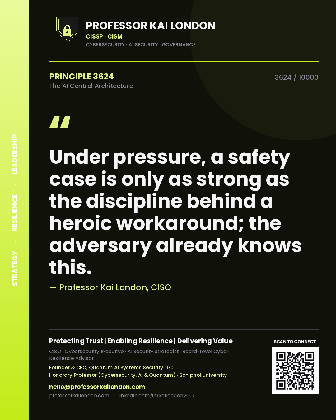 Professor Kai London principle 3624: Under pressure, a safety case is only as strong as the discipline behind a heroic workaround; the adversary already knows this.