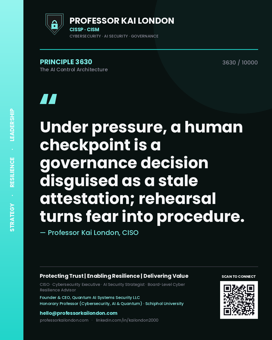 Professor Kai London principle 3630: Under pressure, a human checkpoint is a governance decision disguised as a stale attestation; rehearsal turns fear into procedure.