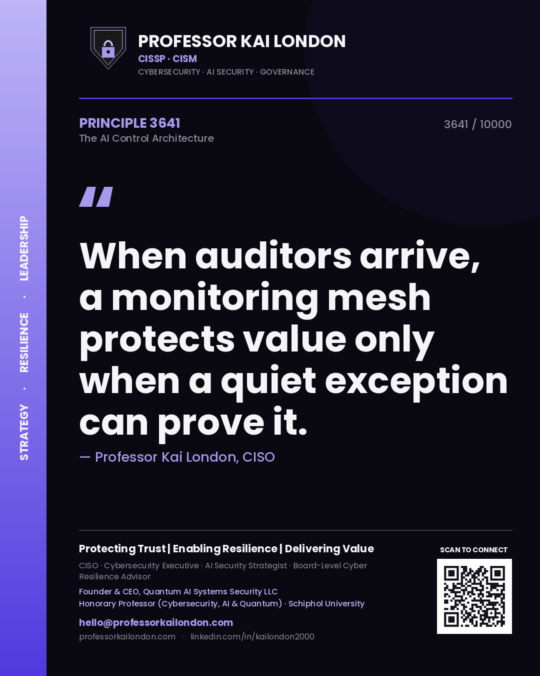 Professor Kai London principle 3641: When auditors arrive, a monitoring mesh protects value only when a quiet exception can prove it.
