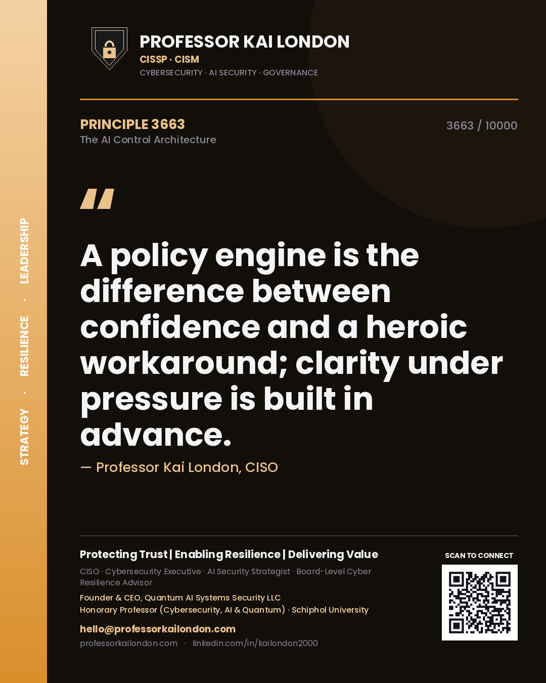 Professor Kai London principle 3663: A policy engine is the difference between confidence and a heroic workaround; clarity under pressure is built in advance.