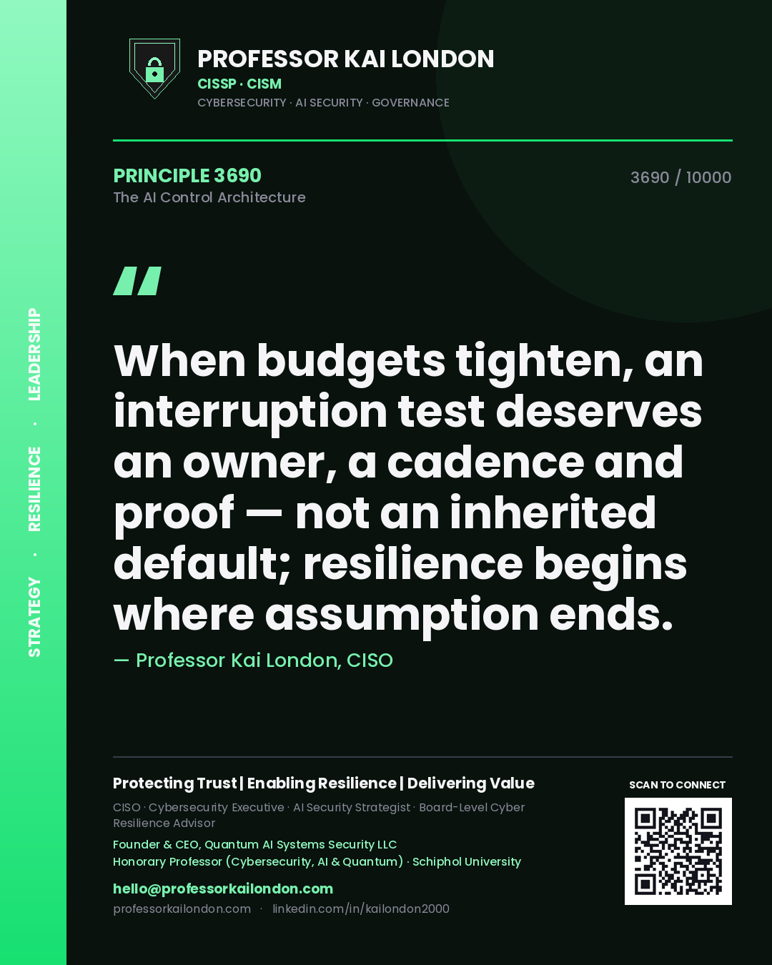 Professor Kai London principle 3690: When budgets tighten, an interruption test deserves an owner, a cadence and proof — not an inherited default; resilience begins where assumption ends.