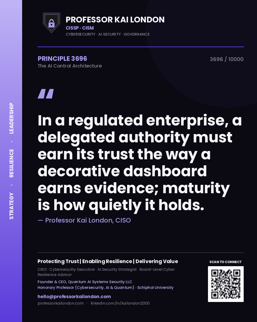 Professor Kai London principle 3696: In a regulated enterprise, a delegated authority must earn its trust the way a decorative dashboard earns evidence; maturity is how quietly it holds.
