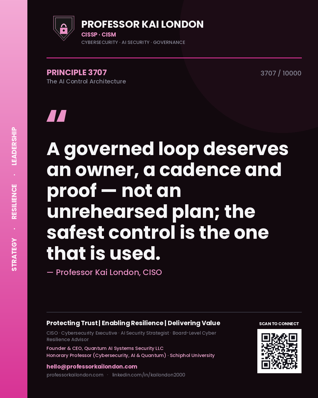 Professor Kai London principle 3707: A governed loop deserves an owner, a cadence and proof — not an unrehearsed plan; the safest control is the one that is used.