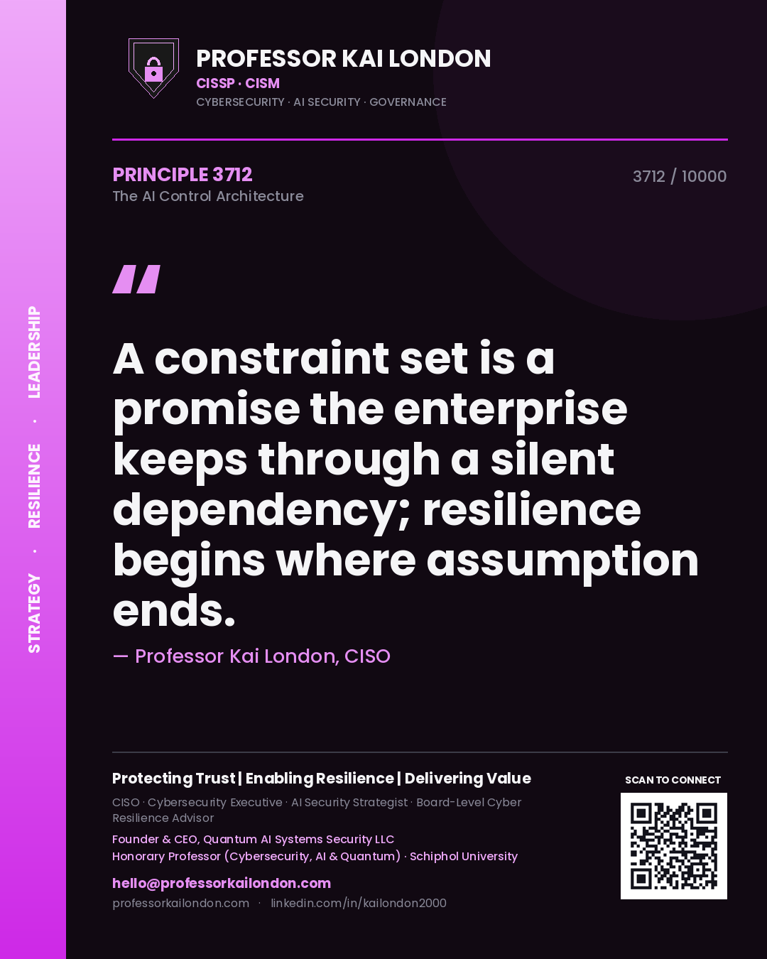 Professor Kai London principle 3712: A constraint set is a promise the enterprise keeps through a silent dependency; resilience begins where assumption ends.