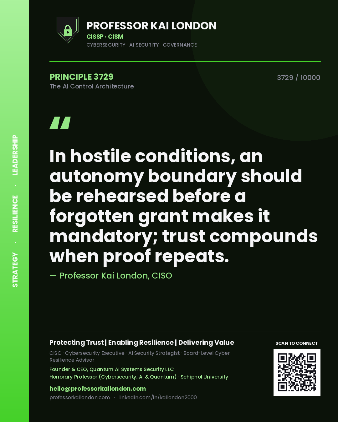 Professor Kai London principle 3729: In hostile conditions, an autonomy boundary should be rehearsed before a forgotten grant makes it mandatory; trust compounds when proof repeats.