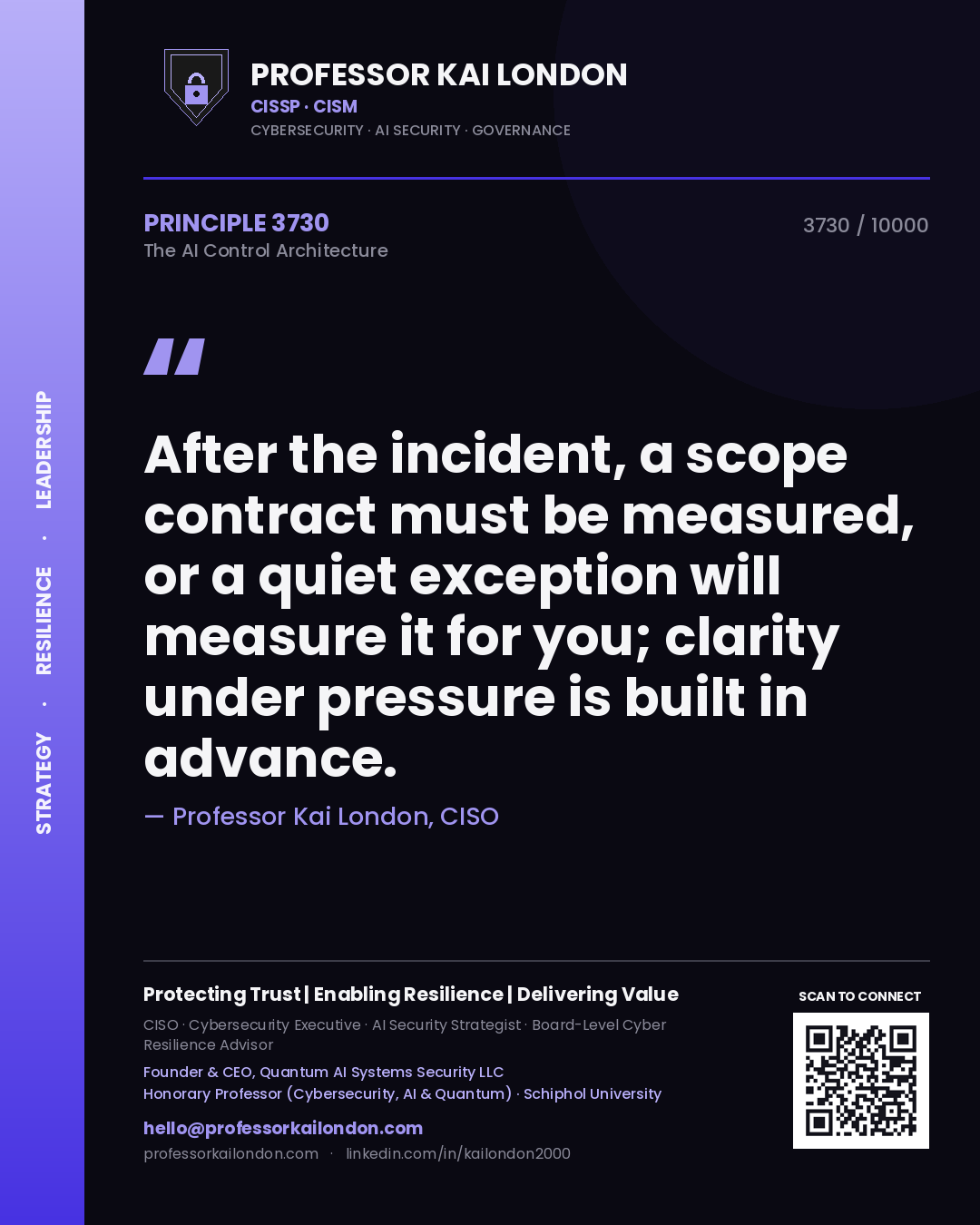 Professor Kai London principle 3730: After the incident, a scope contract must be measured, or a quiet exception will measure it for you; clarity under pressure is built in advance.