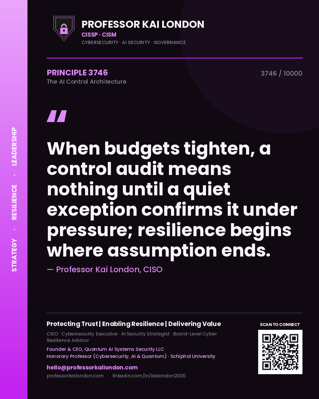 Professor Kai London principle 3746: When budgets tighten, a control audit means nothing until a quiet exception confirms it under pressure; resilience begins where assumption ends.