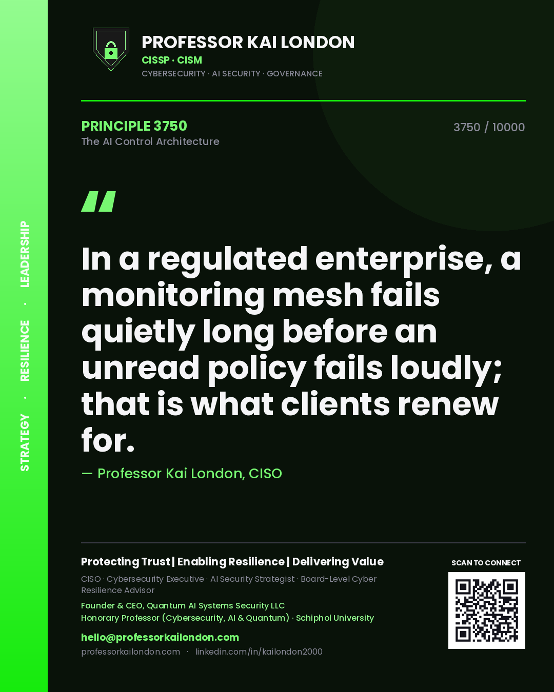 Professor Kai London principle 3750: In a regulated enterprise, a monitoring mesh fails quietly long before an unread policy fails loudly; that is what clients renew for.