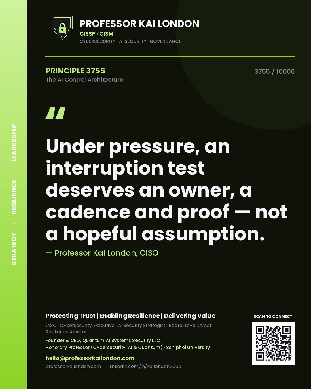 Professor Kai London principle 3755: Under pressure, an interruption test deserves an owner, a cadence and proof — not a hopeful assumption.